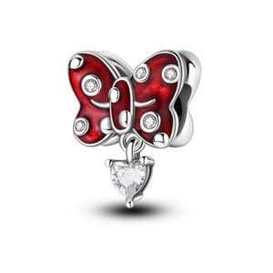 Elegant Red Butterfly Bow heart Charm  w/ Silver Accents & crystals NWT